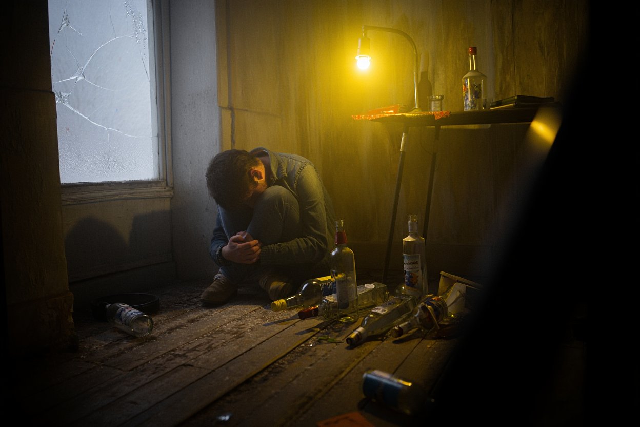 Влияние белой горячки Человек в белой горячке забился в угол