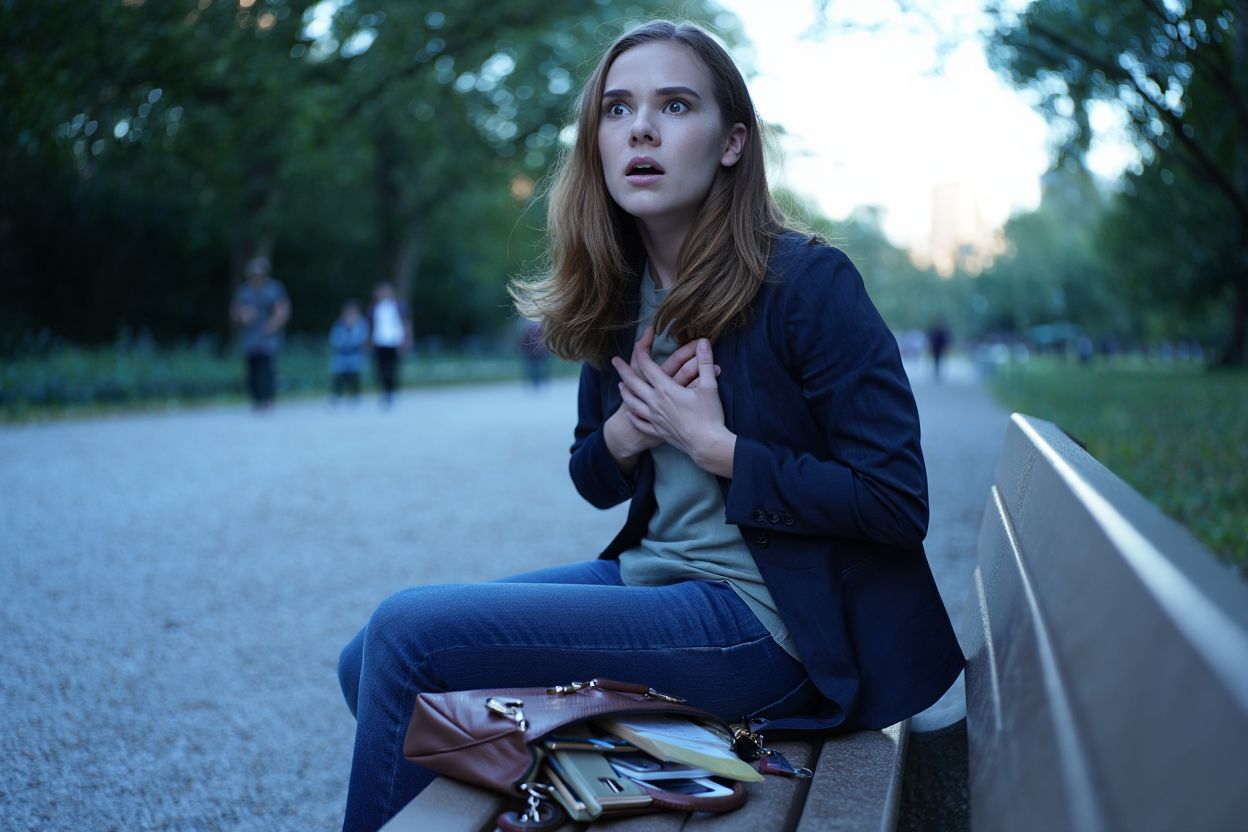 Панические атаки Девушка держится за грудь сидя на скамейке